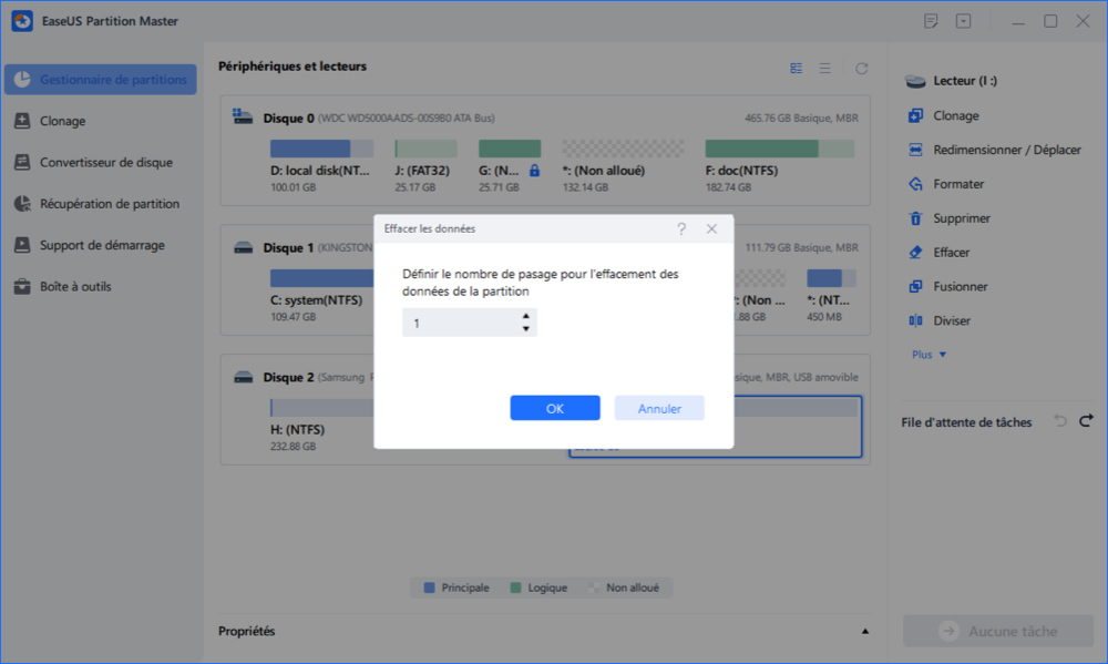 définir le nombre de fois à effacer la partition