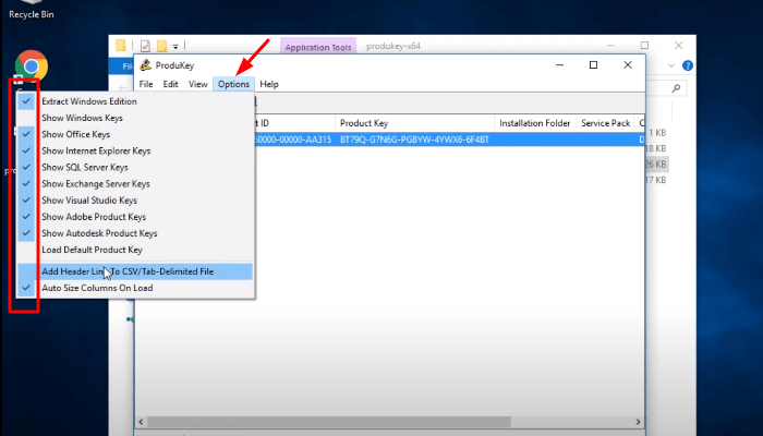 cliquez sur option et sélectionnez la clé produit adobe