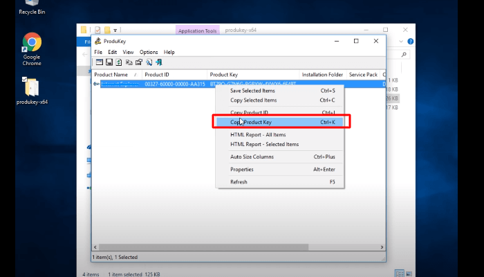 Cliquez avec le bouton droit de la souris et sélectionnez Copier la clé du produit.