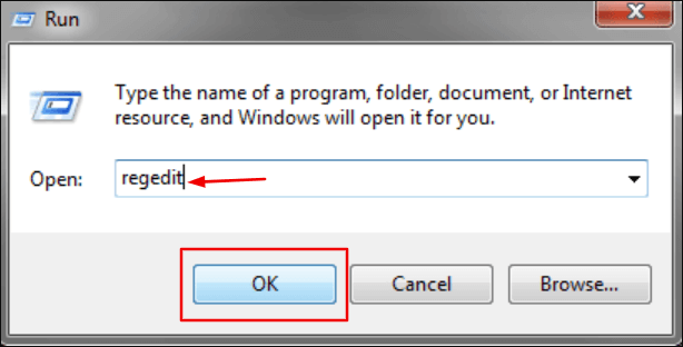tapez regedit et sélectionnez ok