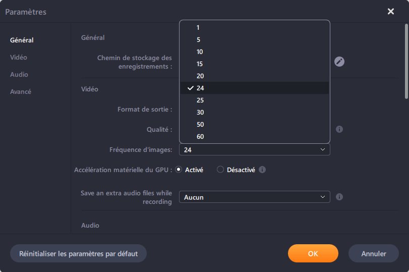 paramètres d'enregistrement du jeu