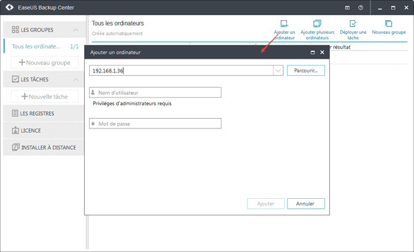 EaseUS Backup Center Fenêtre de Ajouter ordinateur