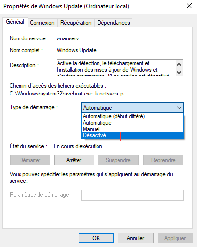 Désactiver le service de mise à jour de Windows