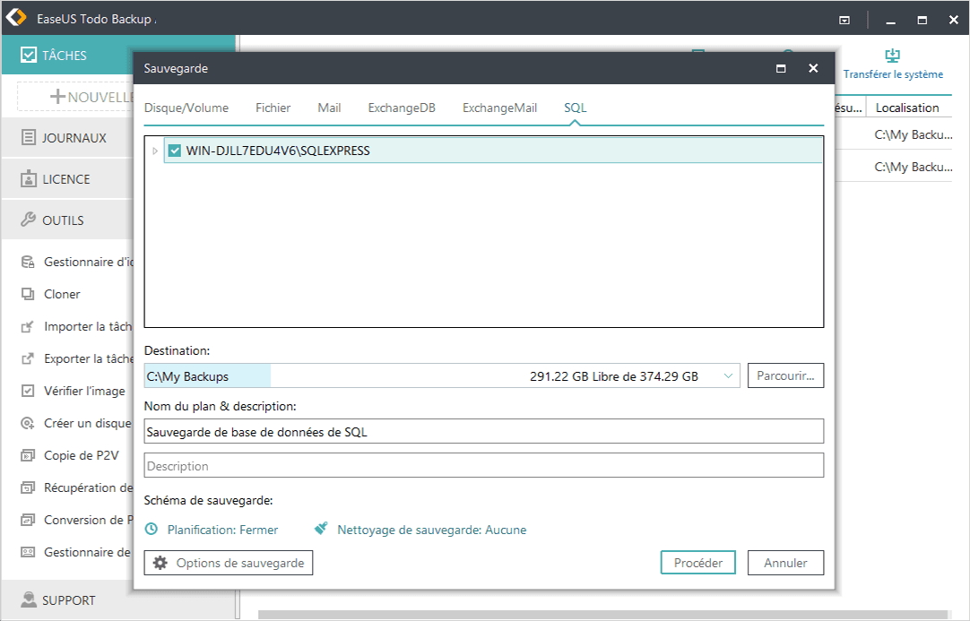 Sauvegarder SQL serveur avec EaseUS Todo Backup