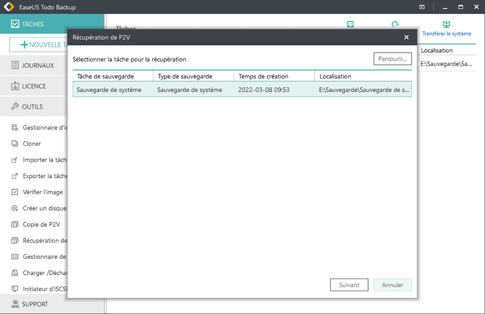 Convertir le fichier de sauvegarde de la partition du disque