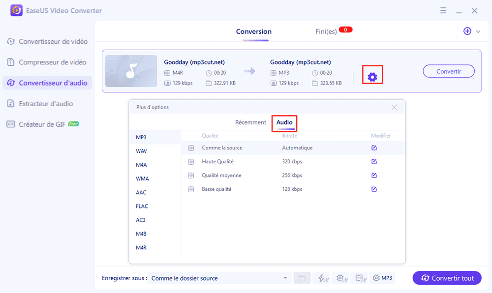 Paramètres de sortie