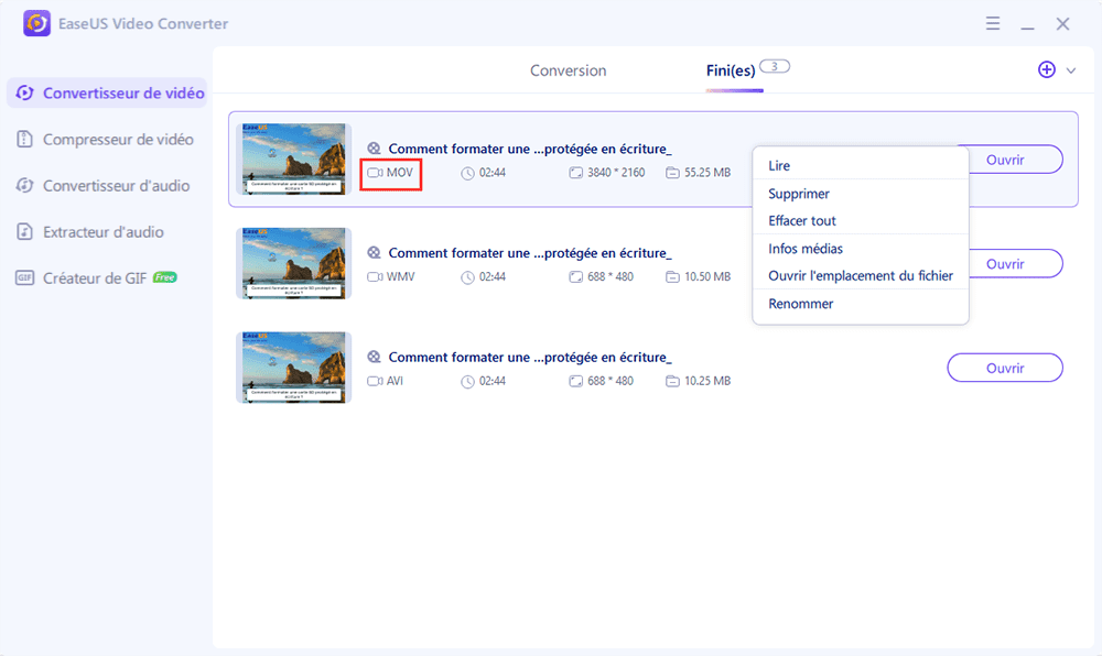 sortie de fichier mov