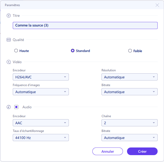 Paramètres de sortie vidéo