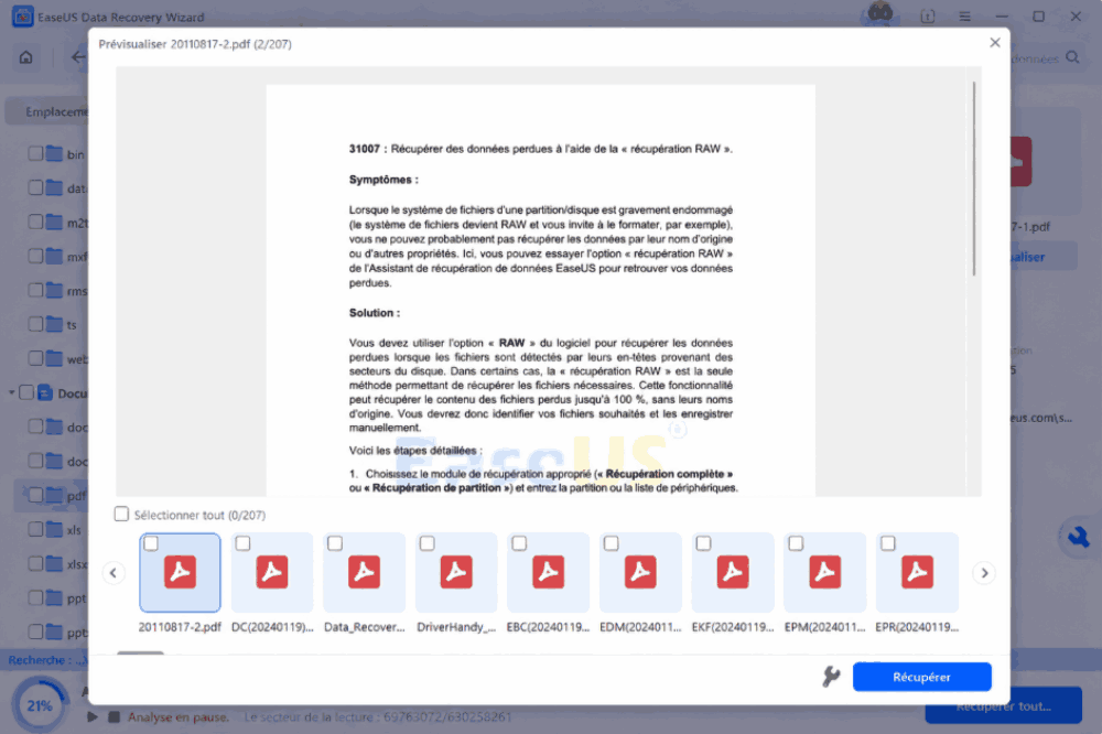 sélectionnez les fichiers PDF et cliquez sur récupérer