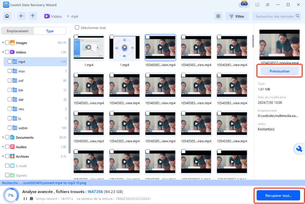 analyser pour trouver les vidéos suppriméesdu disque dur