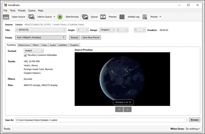 Convertir MOV en WebM avec HandBrake