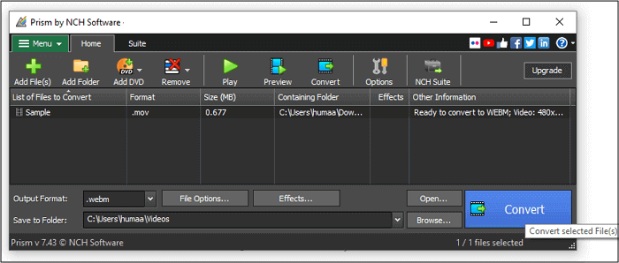 Prism Video Converter MOV vers WebM