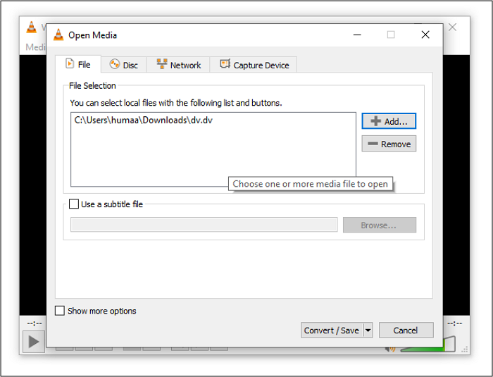 Importez le fichier DV dans VLC