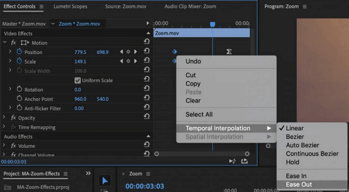 Adobe Premiere crée des mouvements non linéaires.