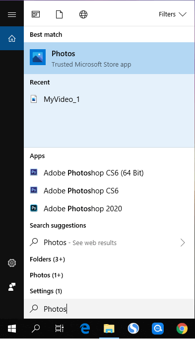 menu démarrer de l'éditeur vidéo windows 10