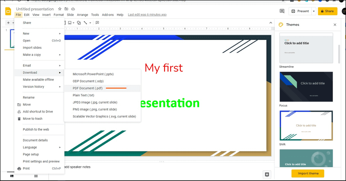 enregistrer la diapositive google au format pdf sur pc