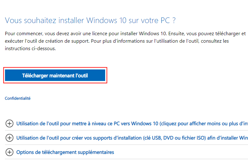 télécharger le support d'installation de Windows 10