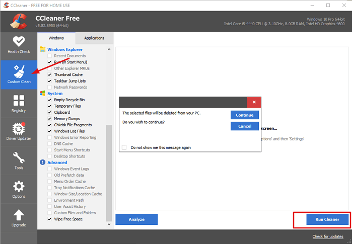 Cliquez sur nettoyage personnalisé et choisissez les fichiers à supprimer