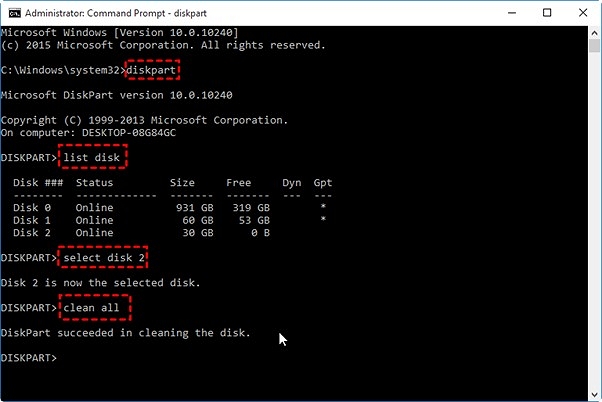 Effacer le disque avec la commande clean all cmd