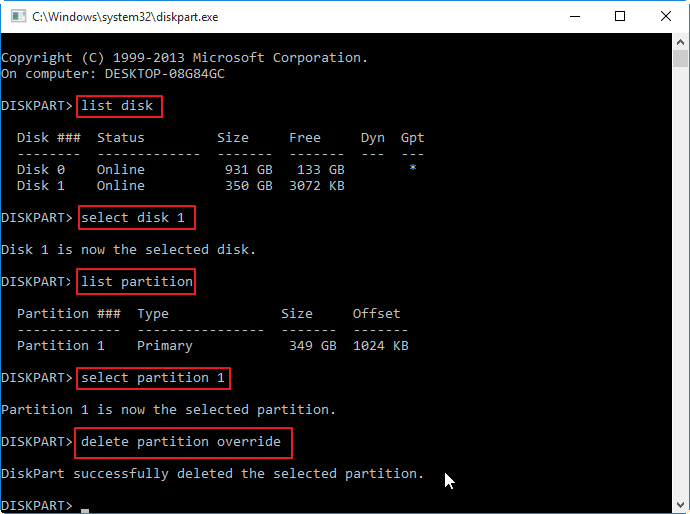 Supprimer la partition à l'invite DiskPart