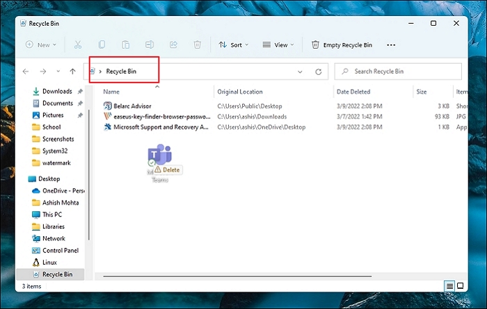 glisser-déposer dans la corbeille