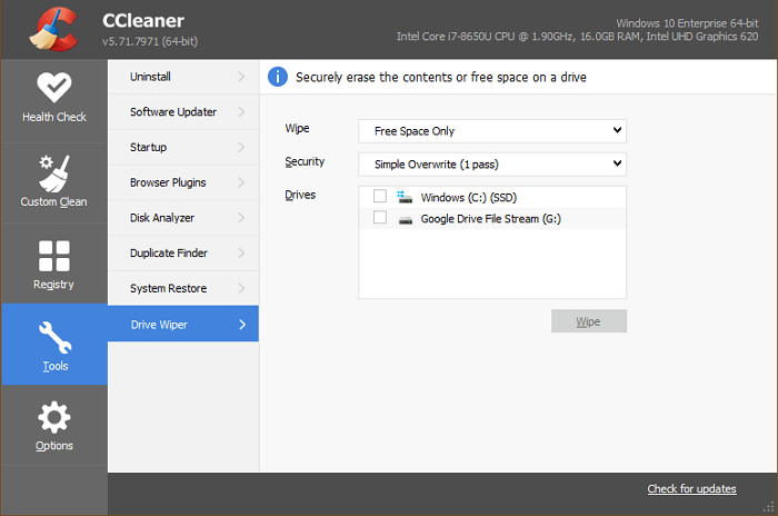 Aller à Drive wiper dans Ccleaner