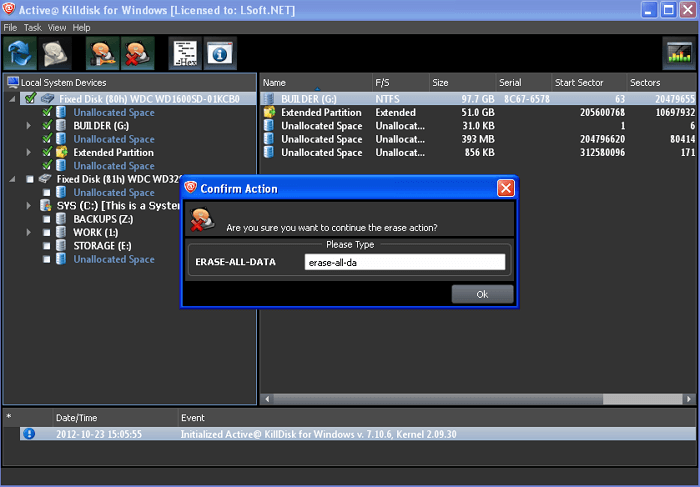 Confirmez pour effacer le disque avec Killdisk
