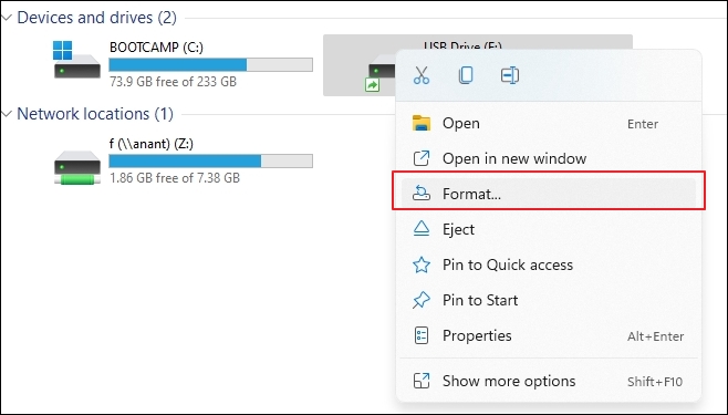 option de formatage pour le lecteur usb dans windows