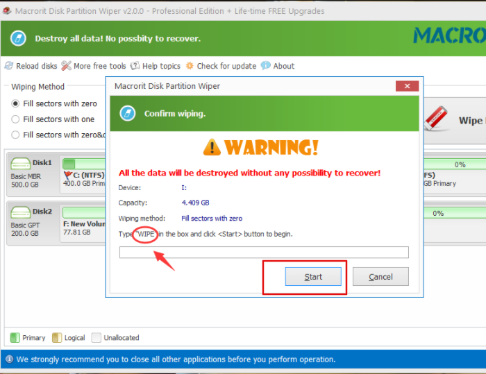 Sélectionnez le disque et tapez Effacer