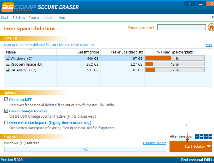 Choisissez un disque et cliquez sur Démarrer la suppression