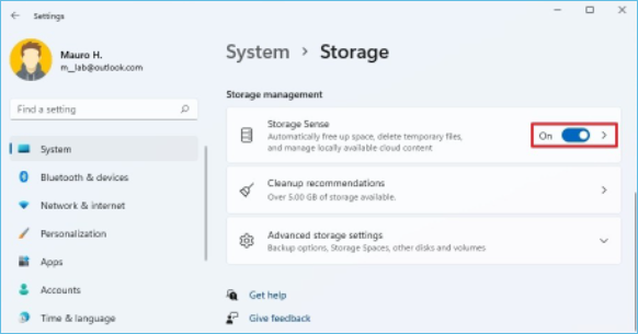 activer le sens du stockage libérer de l'espace