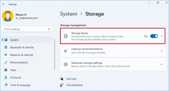 ouvrir les paramètres de détection de stockage