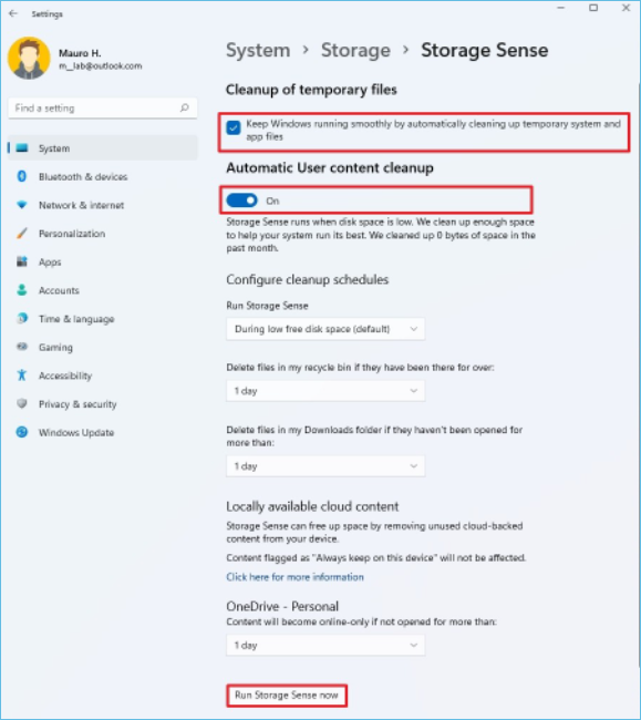 exécuter le sens de stockage effacer l'espace