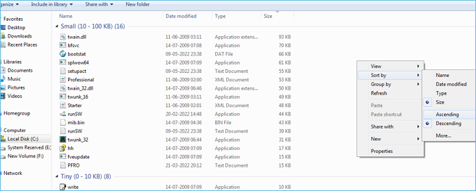 trier par taille sur windows 7