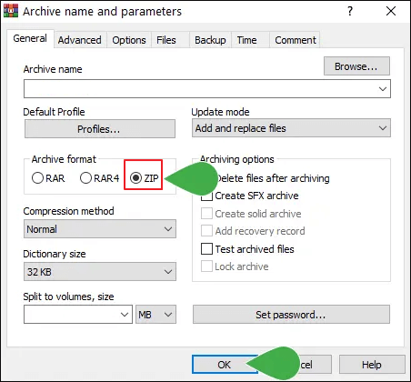choisir le format du fichier zip