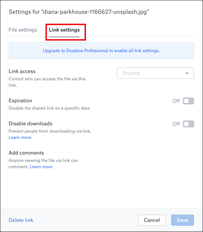 paramètres des liens Dropbox