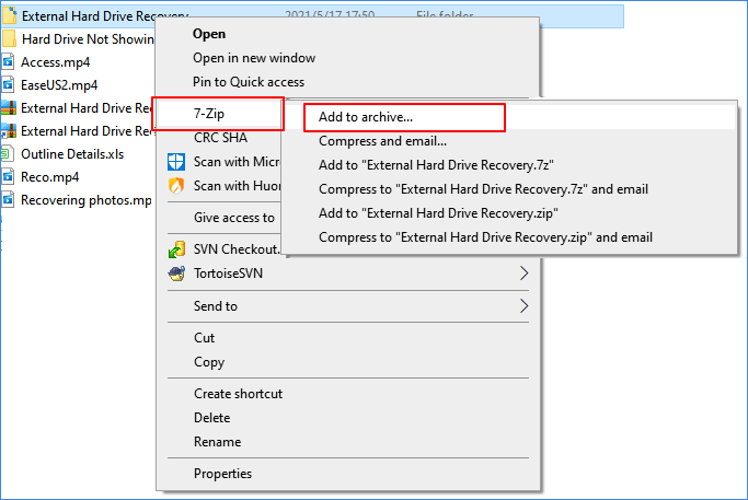 sélectionnez le dossier à crypter 7-Zip