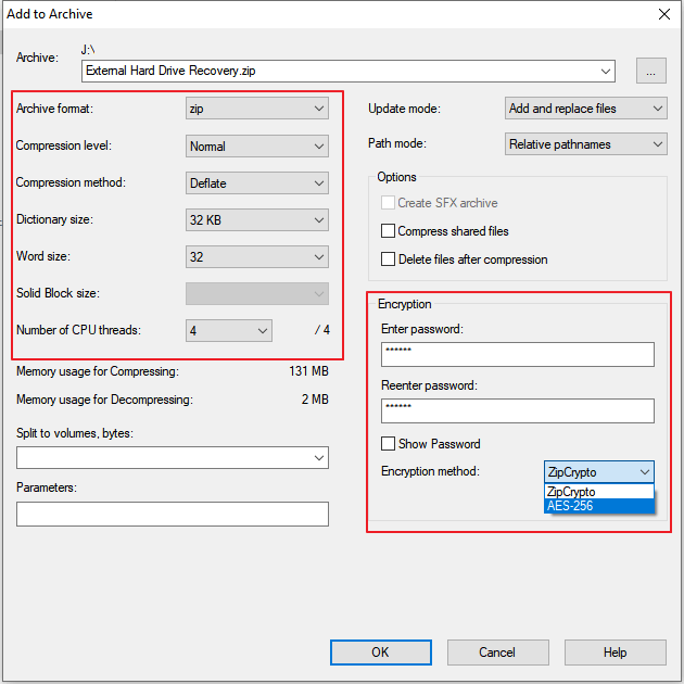 Définir le mot de passe pour crypter le dossier avec 7-zip