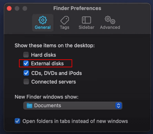 Activez les disques externes dans les préférences du Finder sur Mac.
