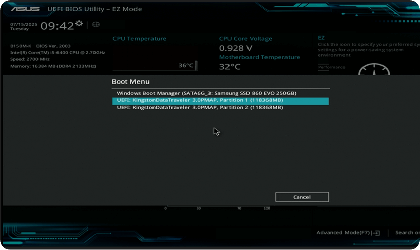 démarrer à partir d'une clé USB